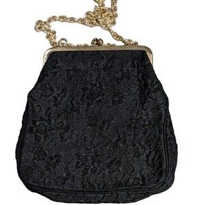 Vintage Black fabric evening handbag. textured, baroque, gold tone chain